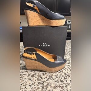 Coach Black Leather Peep-Toe Wedges